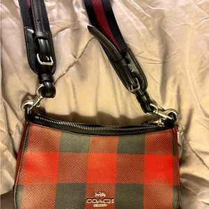 Coach Jes Baguette with Buffalo Plaid Print Red & Black